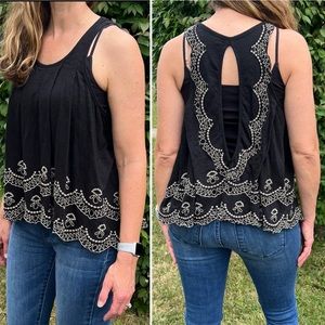 Free People S Embroidered Black Swing Tank Top! EUC!